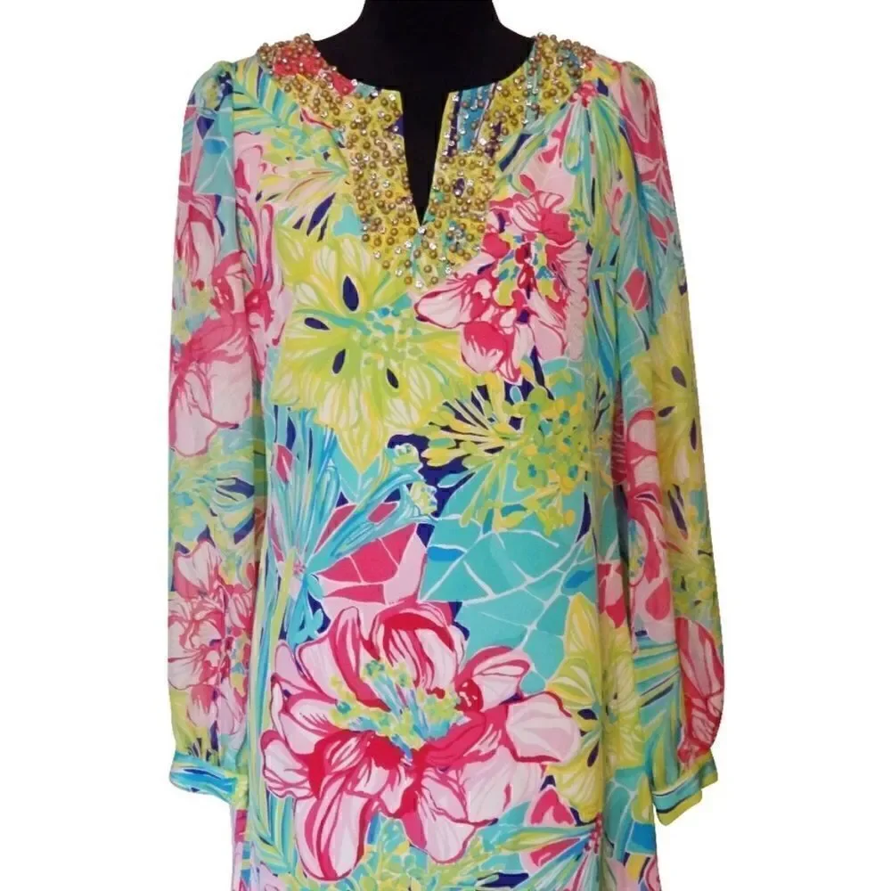 Lilly Pulitzer Silk Saemus Dress in Schooner Blue Land Escape Print Size 2